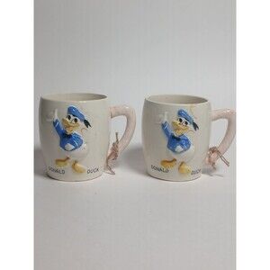 Set of 2 Vintage 60s Donald Duck 3D Raised Coffee Mugs Japan Mid Century Disney
